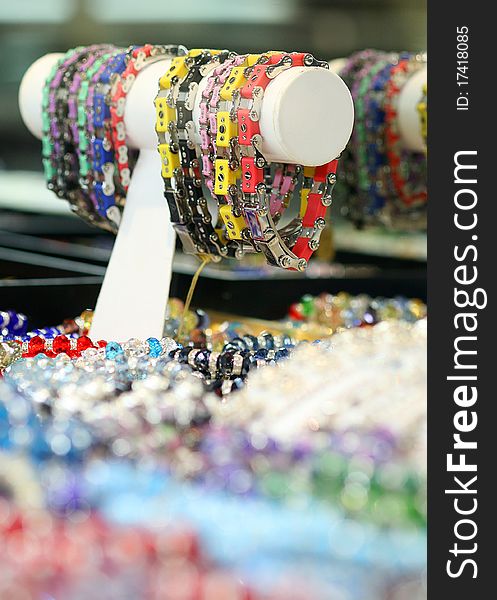 Jewelry store display of many colorful bracelets. Jewelry store display of many colorful bracelets