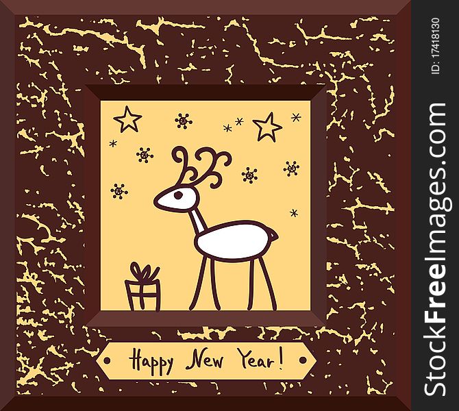 Christmas deer and gift in broun grunge frame. Christmas deer and gift in broun grunge frame