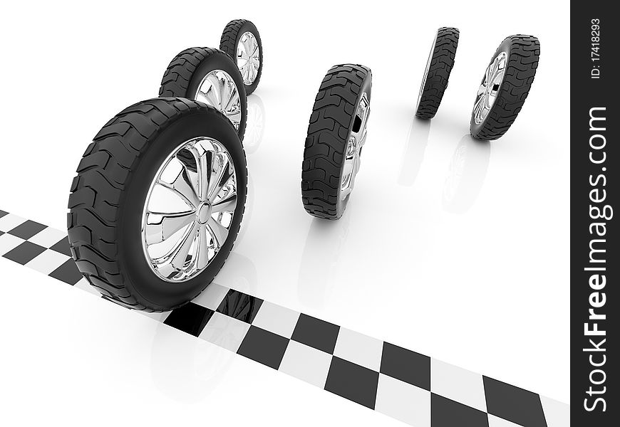 Wheel. Finish of race. Isolated , 3D. Wheel. Finish of race. Isolated , 3D