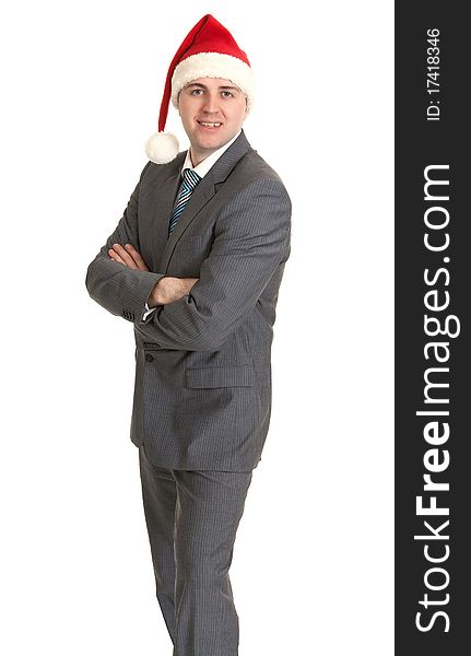 Man in gray suit with tie in hat santa on white background