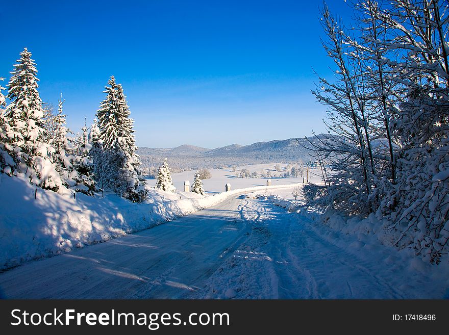 Icy Road covered with Snow - Day after heavy snowstorm