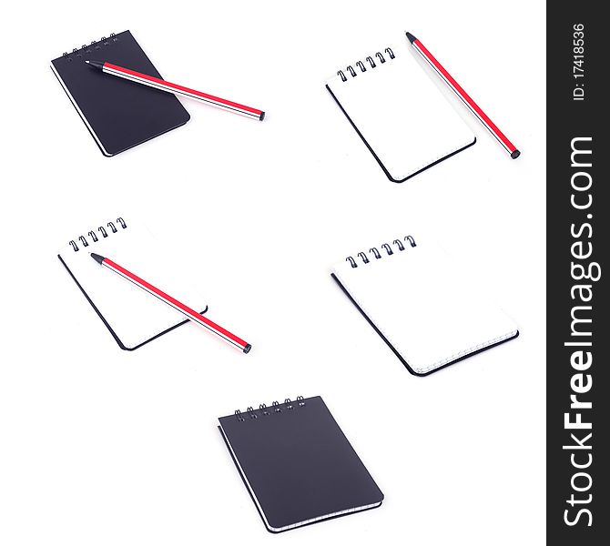 Set of images with black notebook and red pencil isolated on white background.