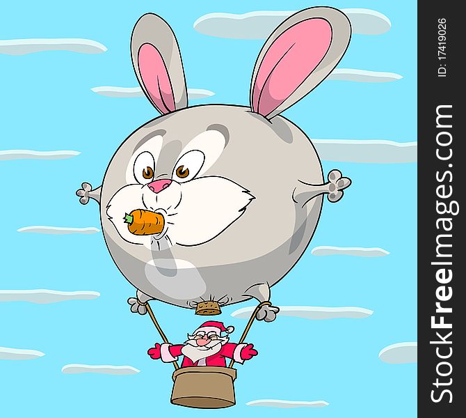 Santa Claus is flying using rabbit as a air balloon. Santa Claus is flying using rabbit as a air balloon.