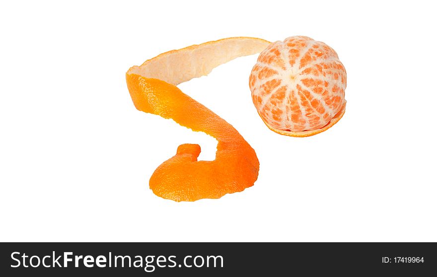 An isolated angled studio view of a peeled clementine with its peel on a white background. An isolated angled studio view of a peeled clementine with its peel on a white background.