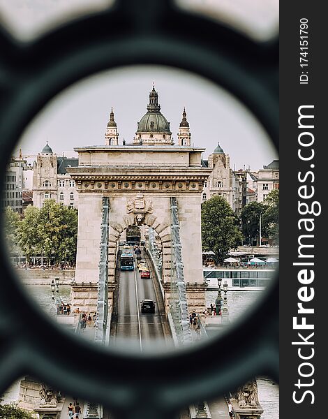 View Across The River Danube And The Chain Bridge In Budapest Framed Retro Fence