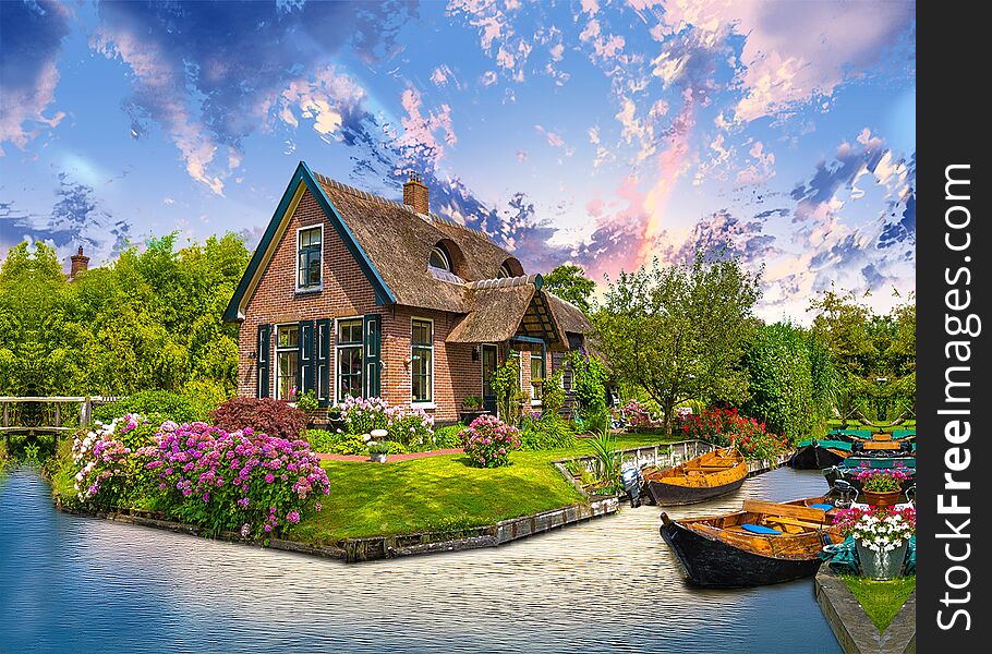 Beatiful Garden In Fairy Tale Village Giethoorn In The Netherlands.