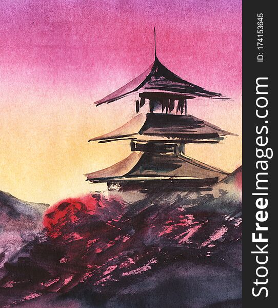 Picturesque View Of Japanese Pagoda On Background Of Colorful Gradient Sunset Sky And Dark Outlines Of Mountains. Hand