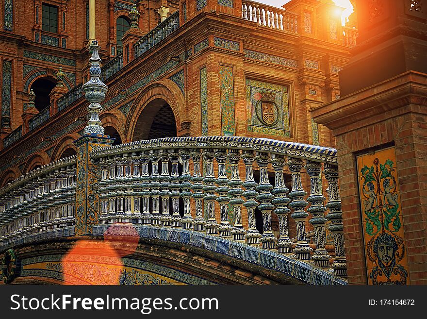 Plaza de Espana, Seville, Architectural details and ornaments of the landmark city square