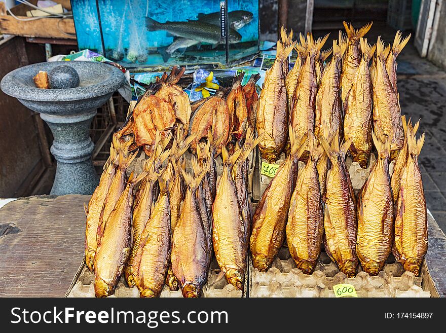 Smoked fish on stall Myakowski street market landmark of Gyumri Shirak Armenia eastern Europe. Smoked fish on stall Myakowski street market landmark of Gyumri Shirak Armenia eastern Europe