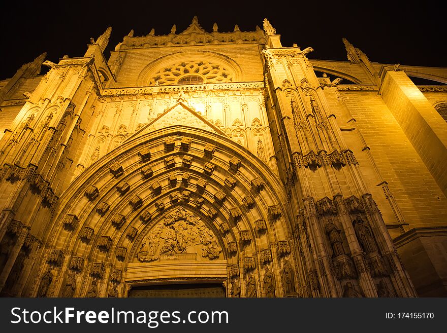 Seville, Spain, Santa Maria cathedral at night. Seville, Spain, Santa Maria cathedral at night