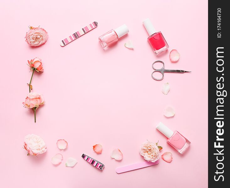 Different Tools For Manicure On Pink Background, Top View