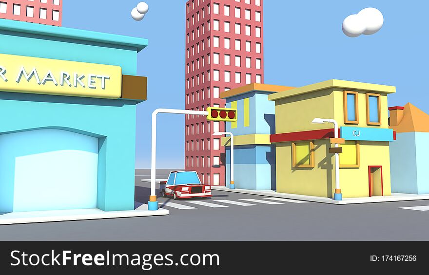 This image is generated by the computer, using C4d. This scene describes a small corner of a city, which happens to be at a crossroads. This is a very quiet and not very developed city because there is only one car on the road. On the left is a supermarket and on the right are residential buildings. This small city is beautiful, isn`t it?. This image is generated by the computer, using C4d. This scene describes a small corner of a city, which happens to be at a crossroads. This is a very quiet and not very developed city because there is only one car on the road. On the left is a supermarket and on the right are residential buildings. This small city is beautiful, isn`t it?