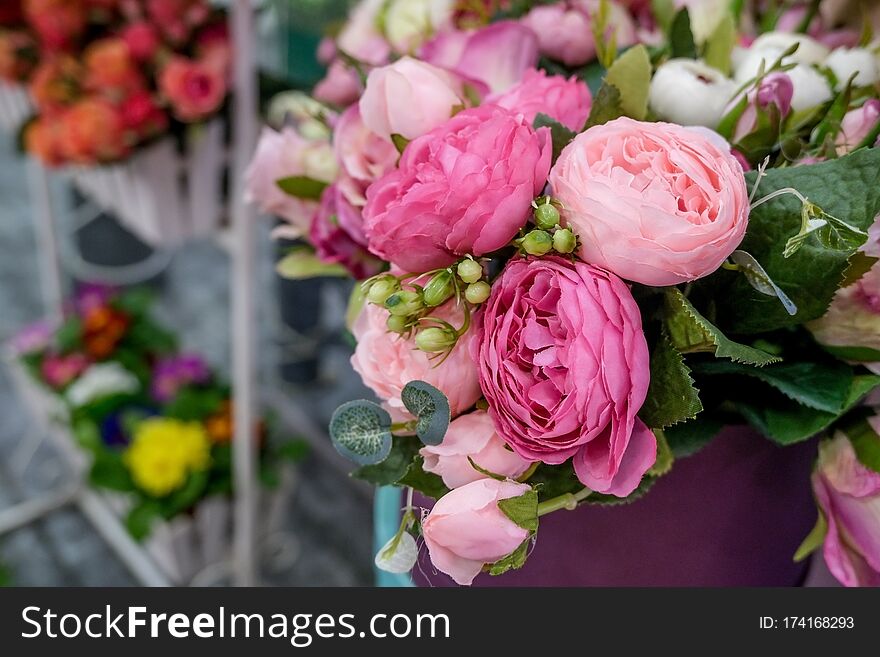 Artificial Bouquet Of Flowers. Bouquet Of Mixed Flowers. Floral Shop, Flower Market. Concept Of Greeting, Presents