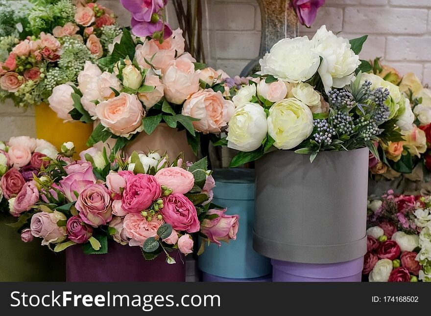 Artificial Flower Composition In Floral Shop. Floral Theme, Making Bouquets