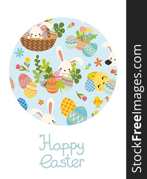 Vector Easter Rabbit with basket, decorative eggs and spring flowers, tulips. Blue Postcard with lettering. Circle round template. Vector Easter Rabbit with basket, decorative eggs and spring flowers, tulips. Blue Postcard with lettering. Circle round template.
