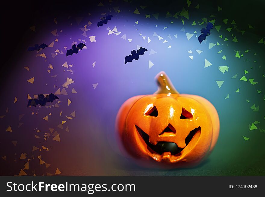 Smile Pumpkin With Black Bats On Bright With Black,blue Background