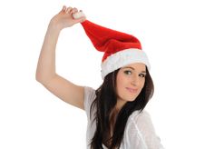Funny Pretty Casual Woman In Christmas Hat Royalty Free Stock Image