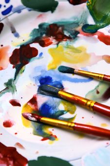 Watercolors, Brushes And Palette Royalty Free Stock Photography