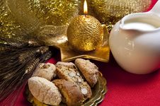 Cookies And Milk And Golden Candle Stock Photo Cookies And Milk And Golden Candle Stock Photo