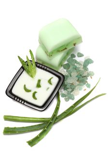 Aloe Vera Leaves, Handmade Soap And Bath Salt Royalty Free Stock Photo Aloe Vera Leaves, Handmade Soap And Bath Salt Royalty Free Stock Photo