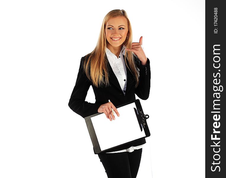 Business girl smiling and showing call me sign