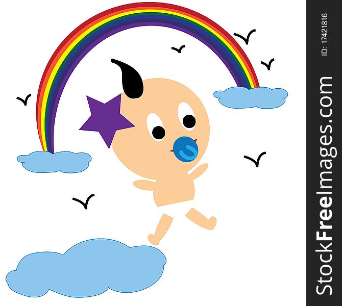 Cute baby with cute rainbow cloud and birds