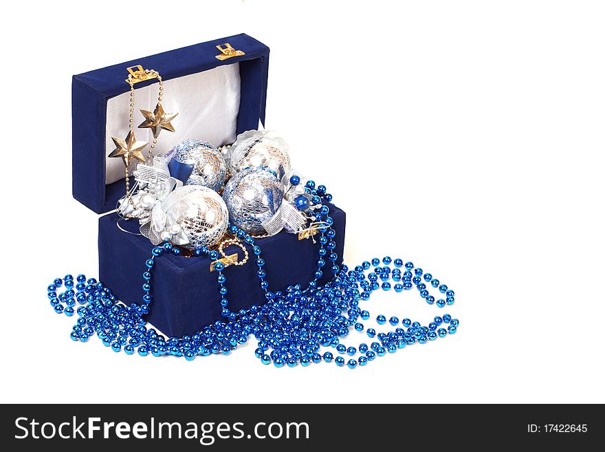 Christmas decoration in blue box on white background