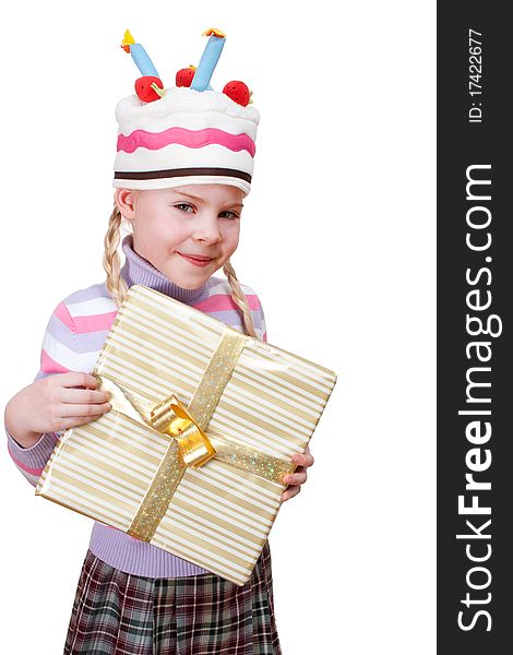 Girl with boxes of gifts in her hands on white background