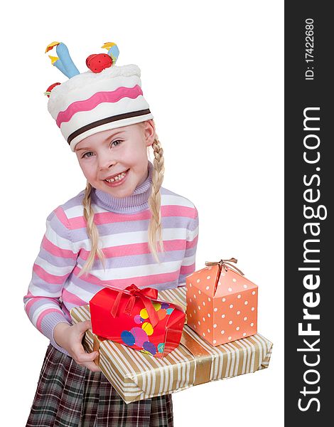 Girl with boxes of gifts in her hands on white background