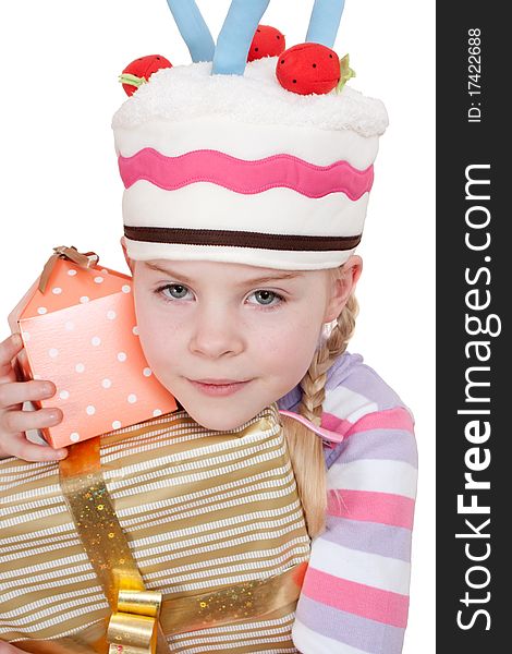 Close-up of girl with boxes of gifts in her hands on white background