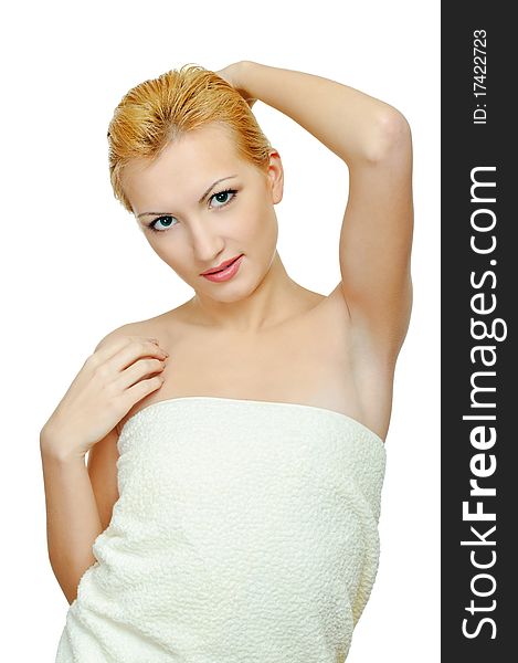 Young beauty woman in bath towel on white. Young beauty woman in bath towel on white