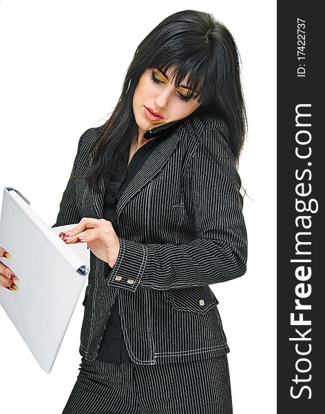 Young business woman with folder on white. Young business woman with folder on white