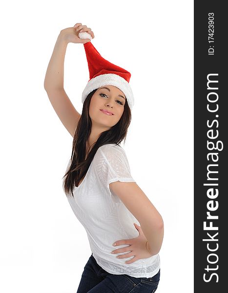 Funny pretty casual santa claus woman with red christmas hat. isolated on white background. Funny pretty casual santa claus woman with red christmas hat. isolated on white background