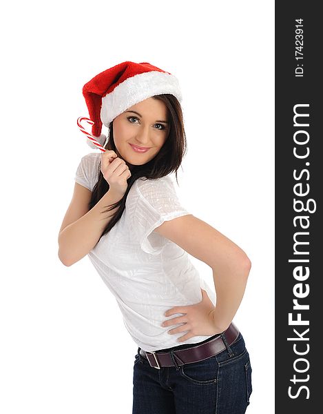 Funny Pretty Casual Woman In Christmas Hat