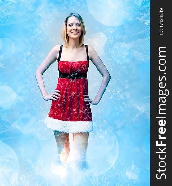 girl in santa claus clothes on snow pattern with bokeh