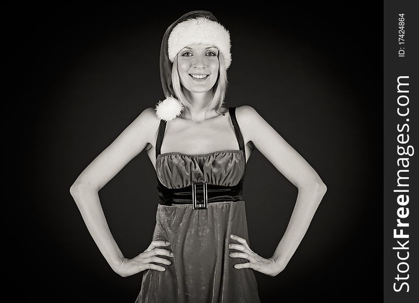 Christmas girl in santa hat. Black and white. Christmas girl in santa hat. Black and white