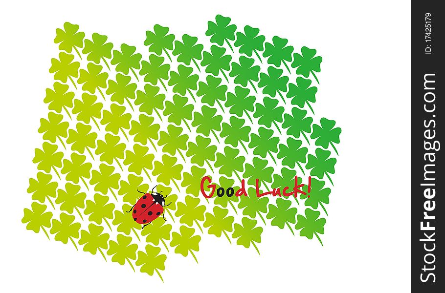 Greeting Card with many shamrocks and a ladybug wishing good luck