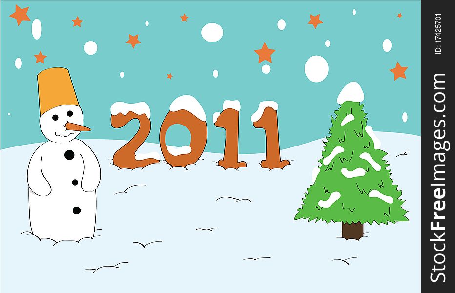 New Years card 2011 with snowman and Christmas tree