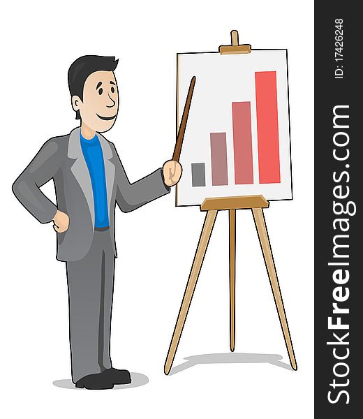 Vector businessman making a positive report at the easel. Vector businessman making a positive report at the easel