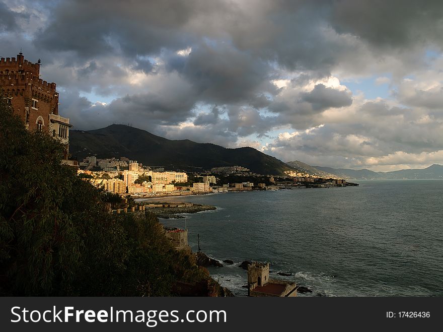 Sunset over the sea from the castle of Boccadasse in Genoa. Sunset over the sea from the castle of Boccadasse in Genoa