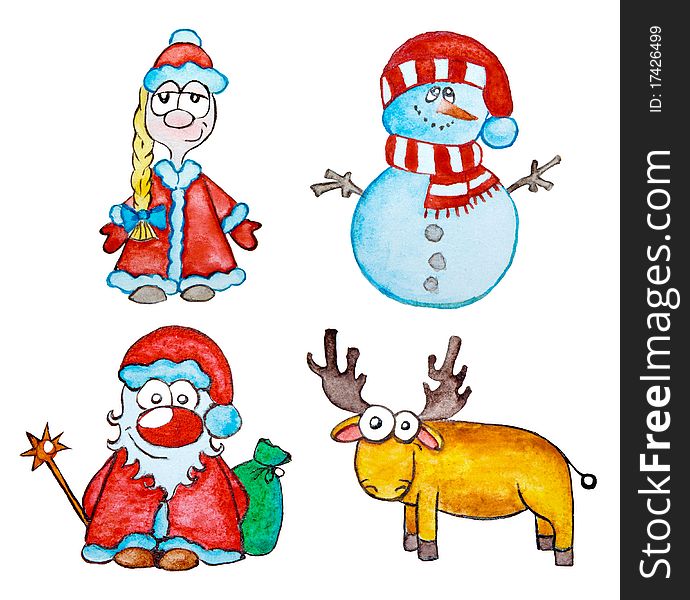 Watercolor Christmas: Snowman, Snow Maiden, Santa and reindeer. Watercolor Christmas: Snowman, Snow Maiden, Santa and reindeer