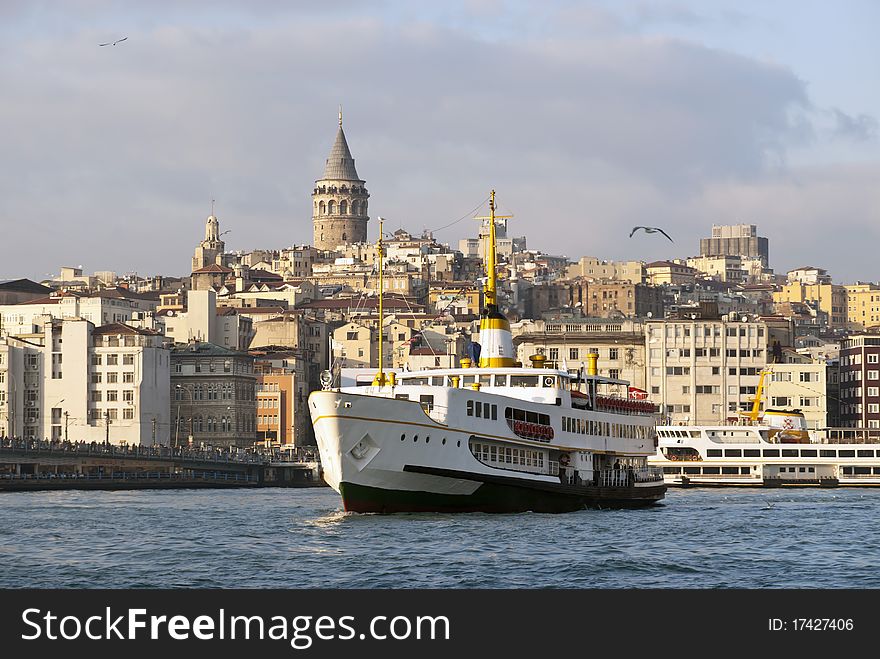 Istanbul Golden Horn , Galata Tower and Passenger Ship