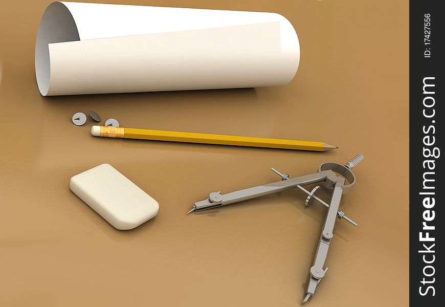 Band, pencil and compasses on a brown background