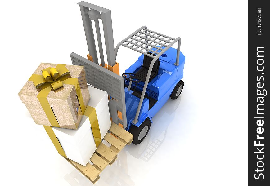 Forklift with gifts boxes is isolated on a white background