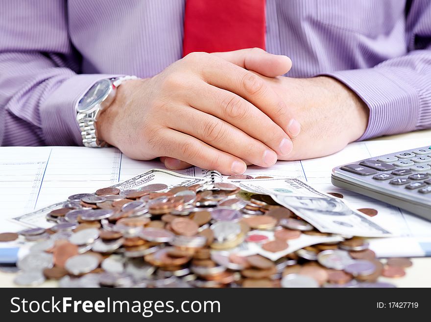 Businessman with cash, money, bills, coins. Businessman with cash, money, bills, coins