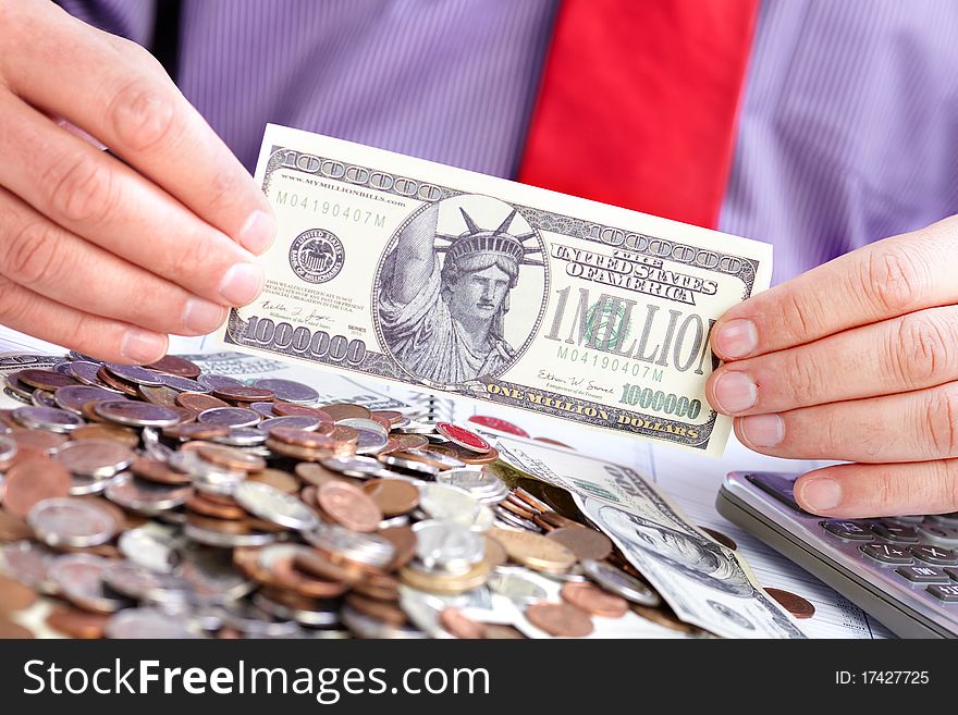 Businessman with cash, money, bills, coins. Businessman with cash, money, bills, coins