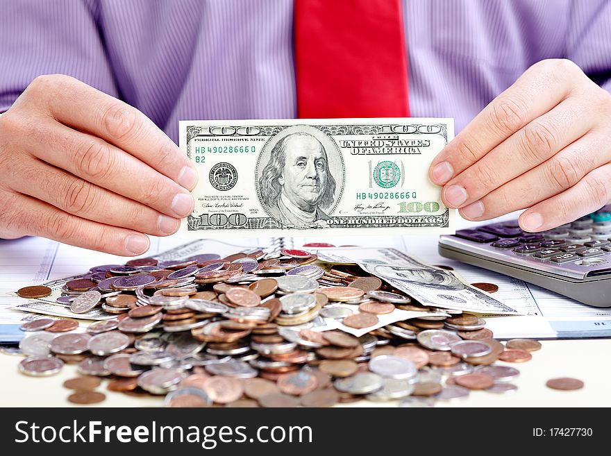 Businessman with cash, money, bills, coins. Businessman with cash, money, bills, coins