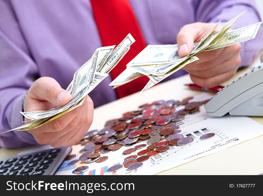 Businessman with cash, money, bills, coins. Businessman with cash, money, bills, coins