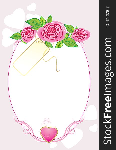 Bouquet of pink roses with card and heart. Valentines card. Illustration