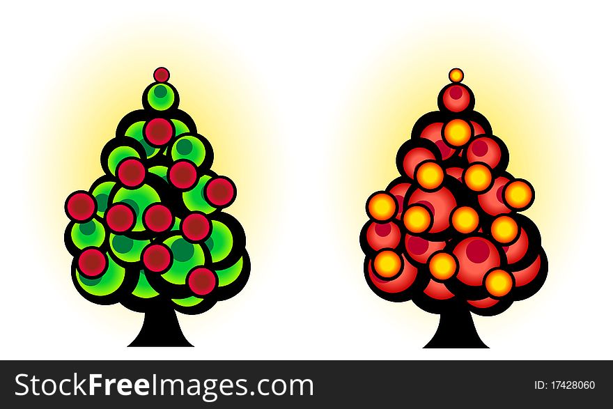 Two Christmas tree in red and green colors - design style illustration